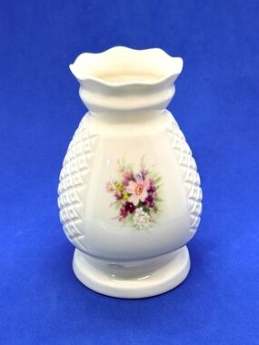 Irish Donegal Parian China 4.75" Vase Floral Motif with Basketweave sides